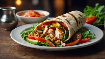 ai generato delizioso shawarma con pollo e verdure nel il cucina foto