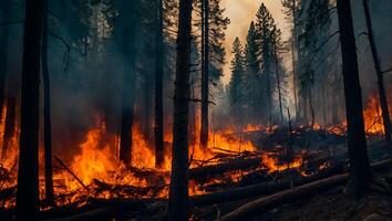 ai generato foresta fuoco, alberi nel Fumo, fiamma foto
