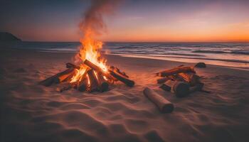 ai generato fuoco di bivacco su il spiaggia a tramonto foto