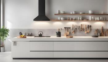 ai generato un' moderno cucina con bianca armadietti e di legno scaffali foto