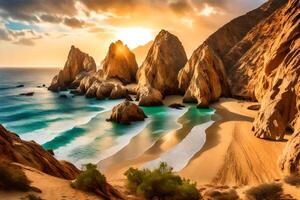 ai generato il sole imposta al di sopra di il spiaggia e il roccioso scogliere foto