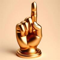 ai generato 3d oro trofeo mano scultura mostrando il numero uno con indice dito, numero uno cartello gesto contro un' morbido beige sfondo. foto