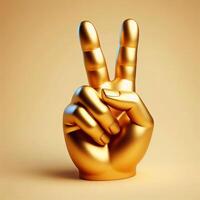 ai generato 3d oro trofeo mano scultura mostrando il numero Due con mezzo e indice dito, pace cartello gesto contro un' morbido beige sfondo. foto