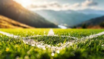 ai generato Basso angolo tiro e avvicinamento di un' illuminata dal sole calcio campo con vivace verde erba e angolo marchio e bellissimo montagne nel il sfondo foto