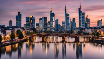 ai generato francoforte orizzonte a tramonto foto