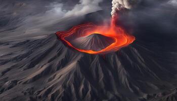 ai generato un aereo Visualizza di un' vulcano con lava In arrivo su di esso foto