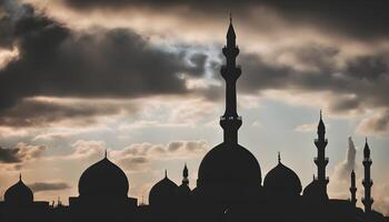 ai generato il silhouette di un' moschea contro un' nuvoloso cielo foto