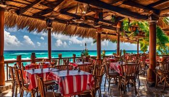 ai generato un' ristorante con tavoli e sedie su il spiaggia foto