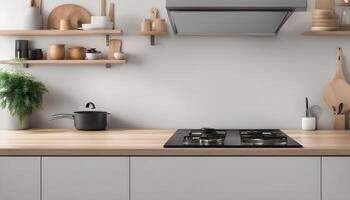 ai generato moderno cucina con di legno contatore e scaffali foto