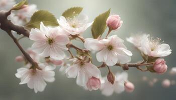 ai generato un' ramo di ciliegia fiori con rosa fiori foto