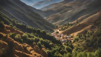 ai generato un' valle con un' piccolo villaggio nel il montagne foto