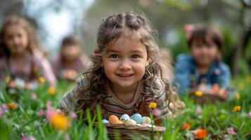 ai generato poco ragazza seduta nel il erba con un' cestino di uova foto