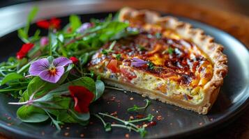 ai generato piatto con quiche e fiori foto