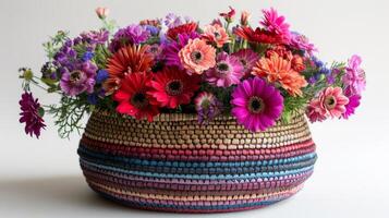 ai generato cestino pieno con colorato fiori foto