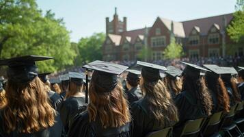 ai generato grande gruppo di persone nel la laurea caps e abiti foto