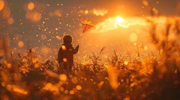 ai generato un' bambino in piedi solo nel un' prato a tramonto, Tenere un' aquilone sagomato piace un' uccello foto