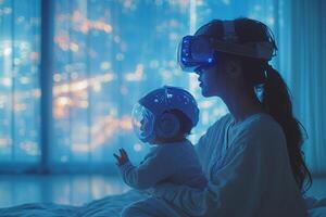 ai generato madre indossa vr occhiali e accuratamente culle sua bambino, illustrazione di artificiale intelligenza foto