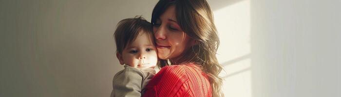 ai generato tenero momento di il madre Tenere sua bambino piccolo figlio nel sua braccia contro un' pulito bianca sfondo, generativo ai foto