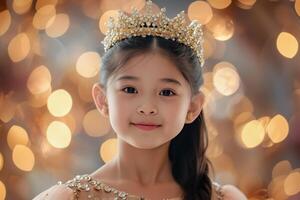 ai generato bellezza spettacolo concorso. 8 anni vecchio asiatico ragazza nel tiara e bellissimo vestire, vincitore foto