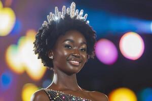ai generato africano americano giovane bellezza Regina indossare elegante tiara, vincitore su palcoscenico foto