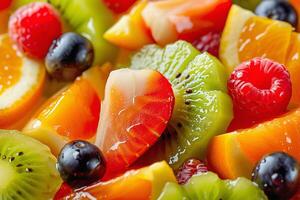 ai generato frutta insalata. un assortimento di fresco frutti di bosco e frutta pezzi foto