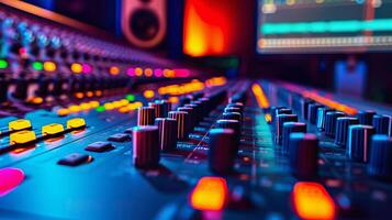 ai generato professionale Audio miscelazione consolle con colorato manopole e cursori suono miscelazione tavola nel musica studio foto