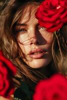 ai generato moda ritratto con fiori. femmina modello con rosso Rose foto