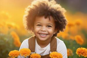 ai generato gioioso africano americano bambino sorridente nel campo di calendule a tramonto foto