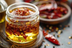 ai generato muratore vaso pieno con chili olio su tavolo nel casa cucina, copia spazio foto