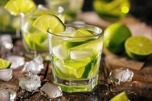 ai generato tradizionale Caipirinha cocktail guarnito con lime su tavolo, copia spazio foto