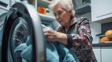 ai generato anziano donna assunzione lavanderia su di lavaggio macchina a casa foto