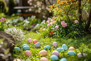 ai generato Pasqua uovo caccia nel primavera giardino con fioritura fiori. Pasqua uova nel cestino foto