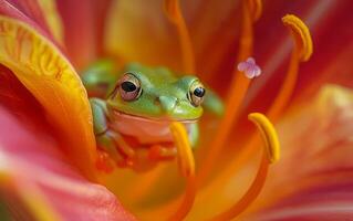 ai generato intenso arancia floreale abbraccio di un' Peekaboo verde rana foto