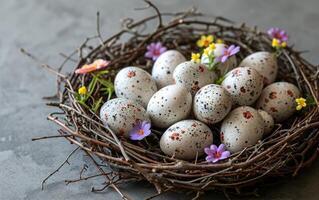 ai generato Villetta ispirato nido con uova decorato nel floreale modelli foto