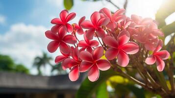 ai generato vivace rosa plumeria fiori nel luce del sole foto