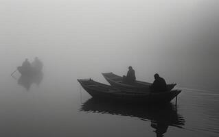 ai generato nebbioso fiume pesca a alba foto