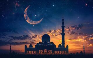 ai generato il silhouette di un' moschea sotto un' notte cielo, stelle scintillio e un' mezzaluna Luna raggiante foto