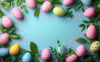 ai generato Pasqua uovo schema su un' blu fondale foto