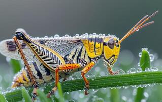 ai generato un' macro fotografia tiro cattura il vividamente fantasia cavalletta foto