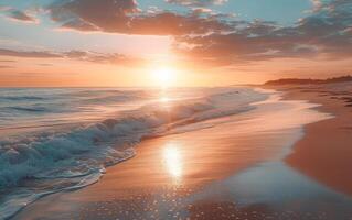 ai generato tramonto serenità su un' silenzioso spiaggia foto