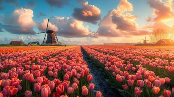 ai generato tentacolare campo di tulipani, con un' di legno mulino a vento nel il distanza foto