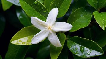 ai generato bianca tiare fiore con gocce di pioggia su petali foto