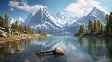 ai generato maestoso montagne riflettendo su calma lago foto