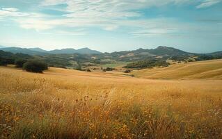 ai generato panoramico rotolamento colline e dolce prati foto