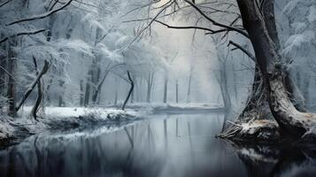 ai generato inverno Paese delle meraviglie, nevoso foresta accanto un' congelato lago foto