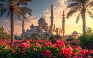 ai generato fioritura giardino e meravigliosa moschea a il mattina primo leggero foto