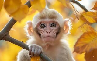 ai generato incuriosito scimmia osservando attraverso le foglie di autunno foto