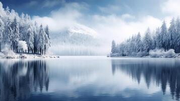 ai generato inverno Paese delle meraviglie, nevoso foresta accanto un' congelato lago foto