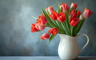 ai generato brillante tulipani nel un elegante bianca brocca su un' soleggiato giorno foto