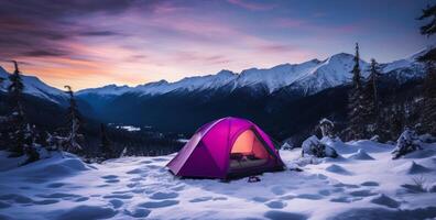 ai generato inverno campi. campeggio nel il tuo proprio tenda, foto